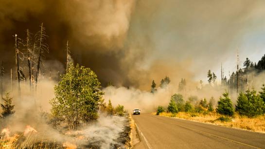 A car drives away from a wildfire with dark smoke in the sky