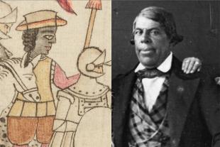 On the right, a historical illustration of a Black soldier marching among armored Conquistadors. On the right, a 19th century black and white photo of a man in a suit. 