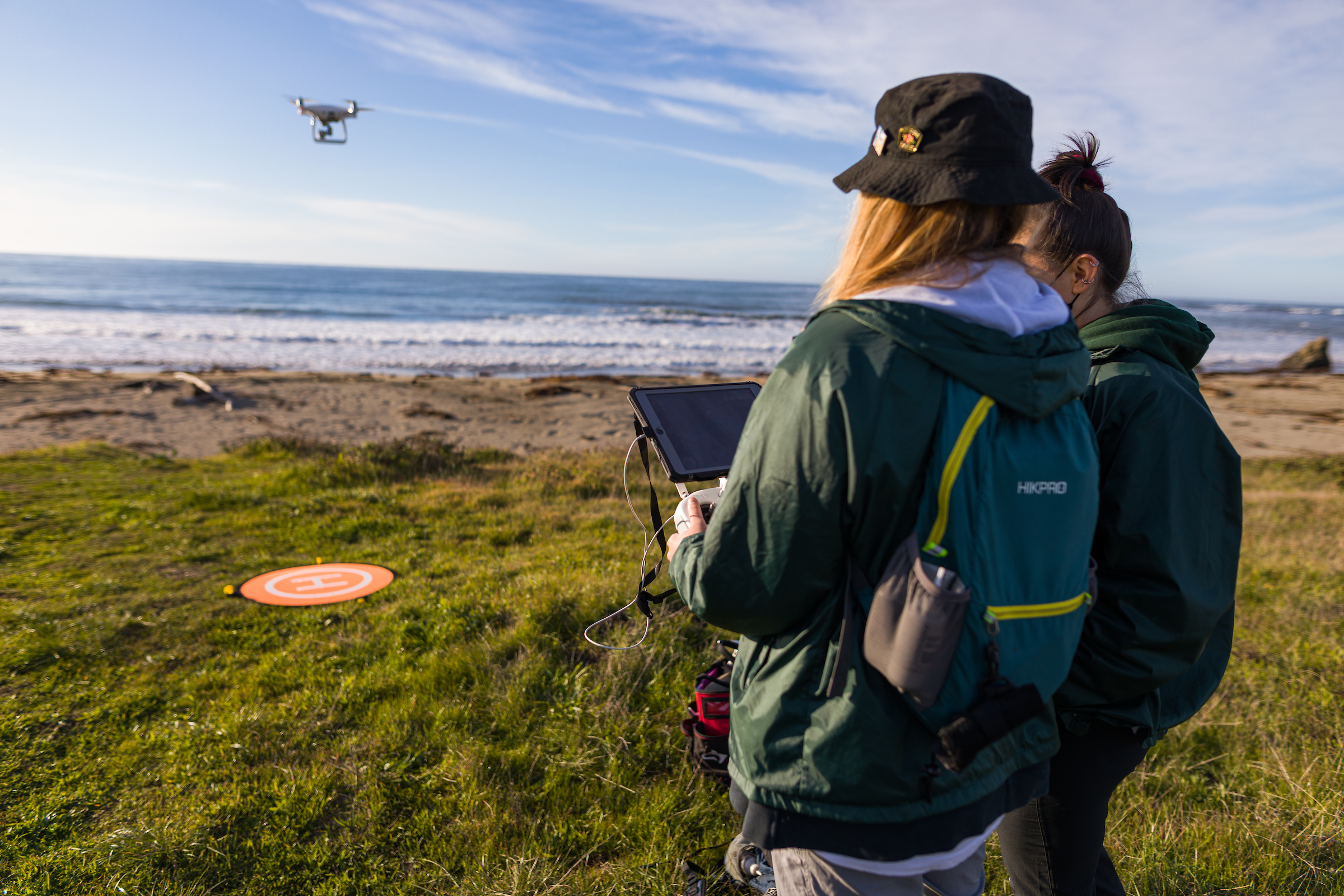Graduate students Kate Riordan and Molly Murphy operate the drone at one of the beaches in the Piedras Blancas rookery. NMFS permit #22187-02