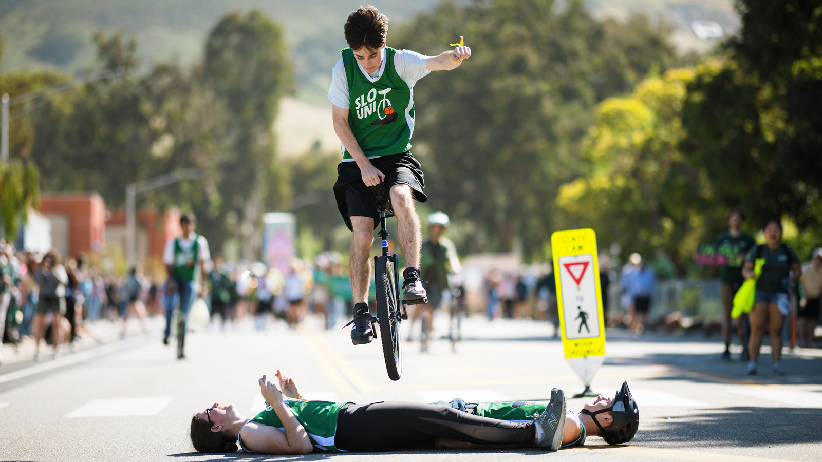 The Poly Royal Parade included a host of student performances, including a unicyclist performing a high-stakes stunt