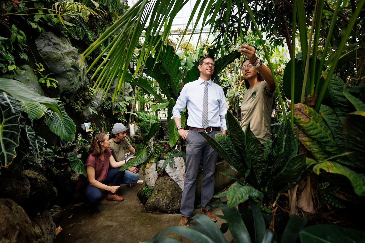 Professors Jenn Yost and Matt Ritter, along with students Jack McLure and Monique Alvarez, in the tropical greenhouse.