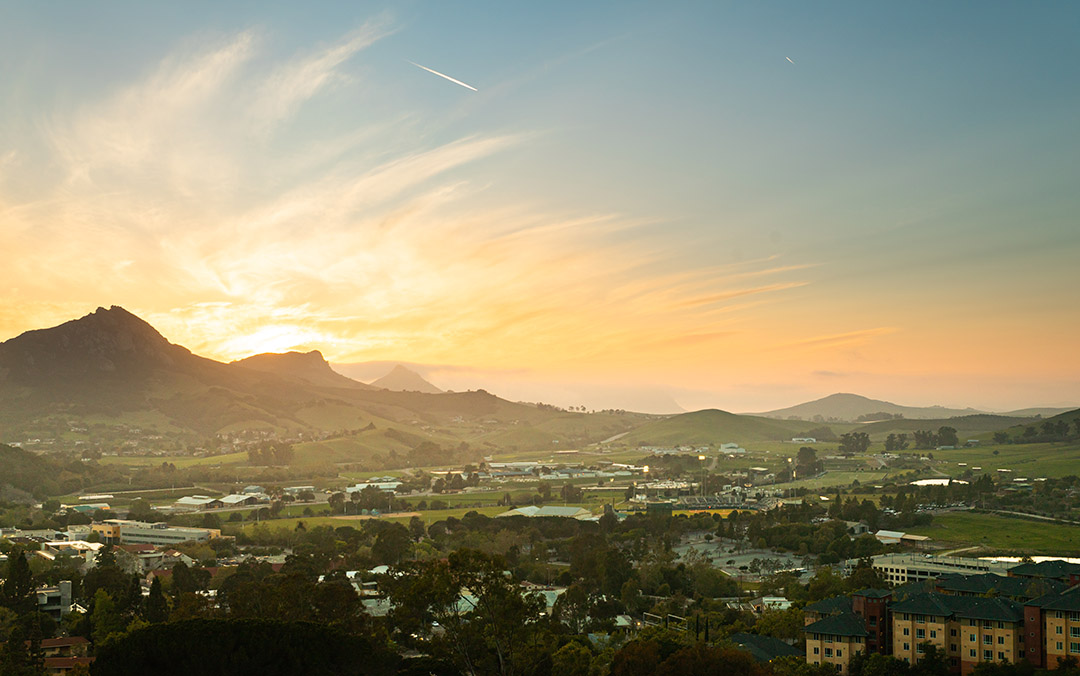 A view of the Cal Poly campus with Bishop Peak in the background.