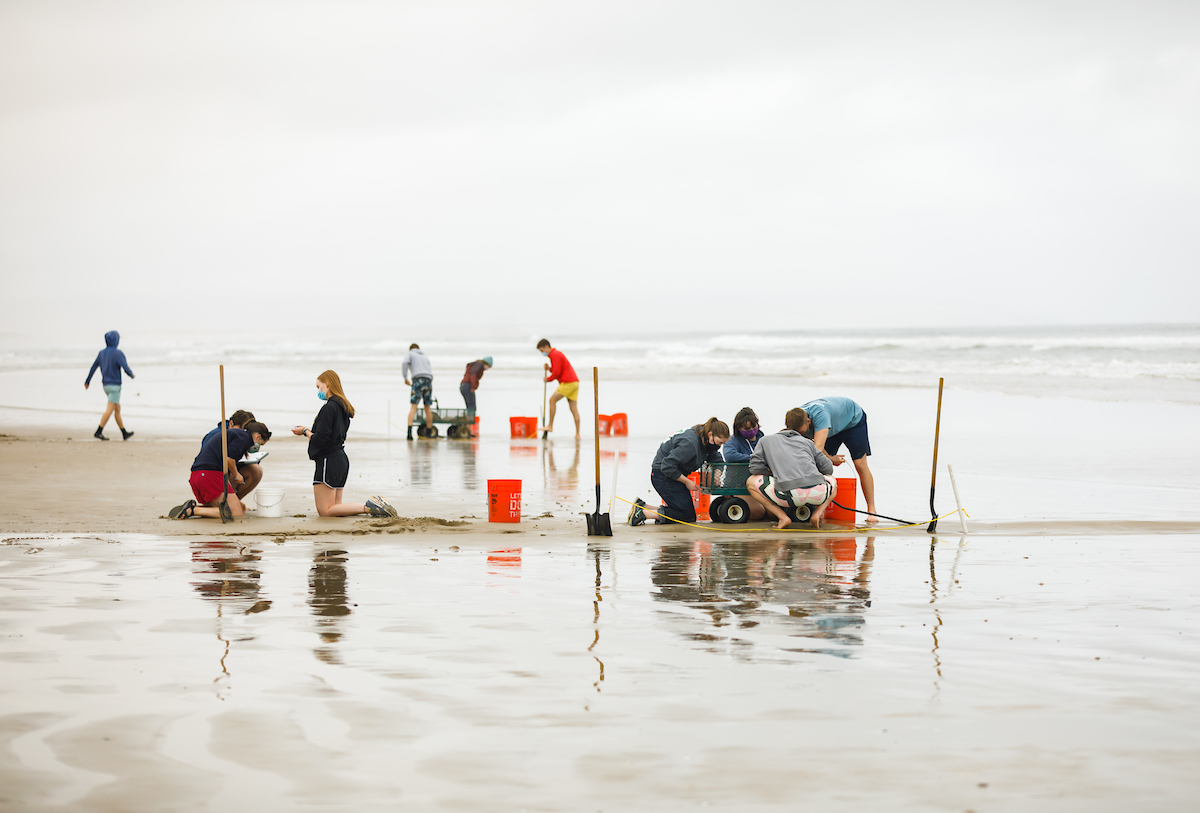 Students kneel on Pismo Beach on an overcast day as they dig for Pismo clams.
