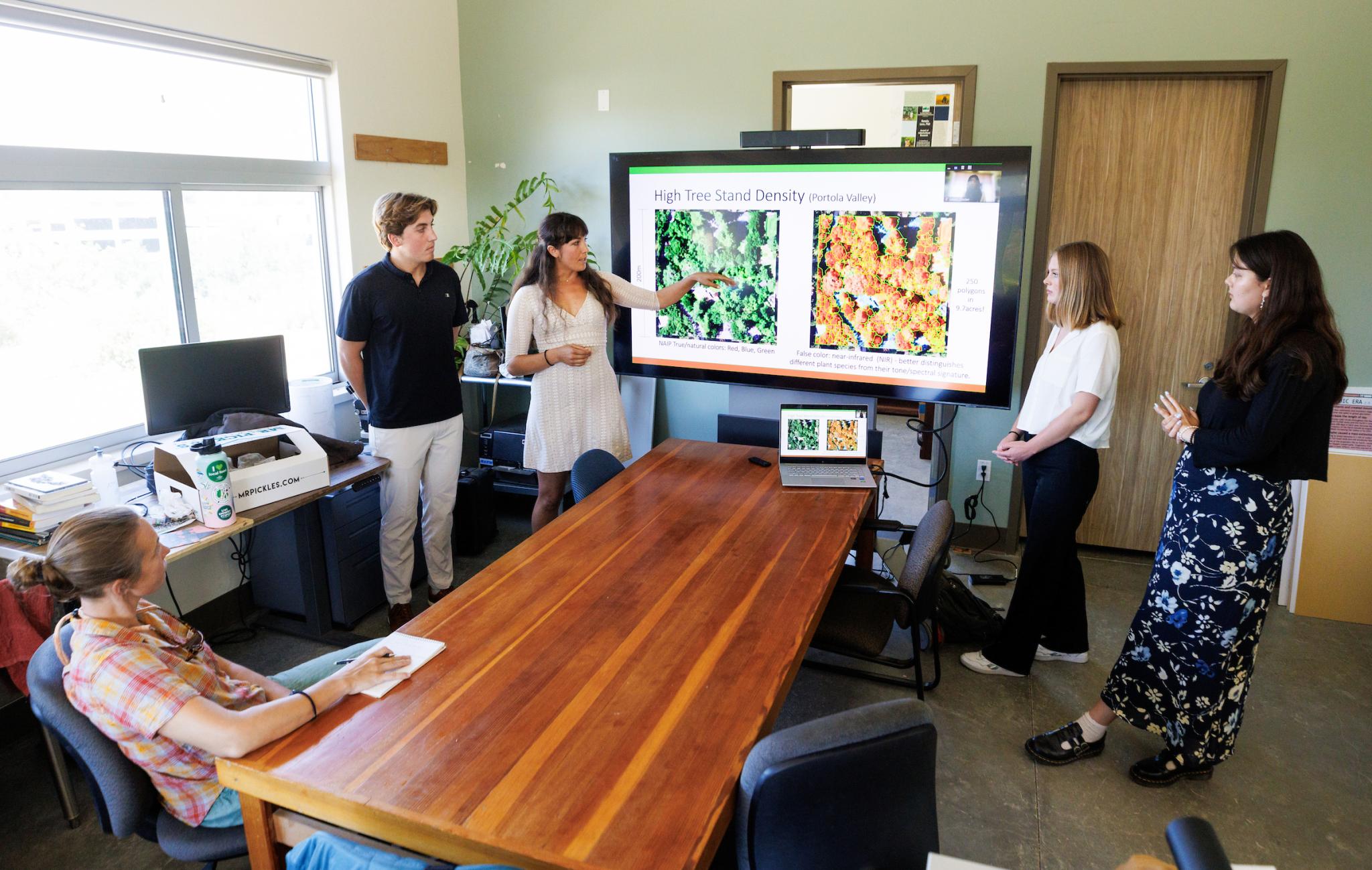 Students present their tree canopy research to a professor, who is sitting.