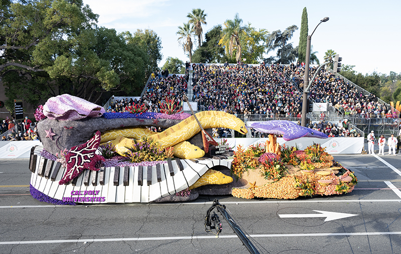 A side view of Cal Poly universities' "Shock 'n' Roll" float in the Rose Parade on New Year's Day.