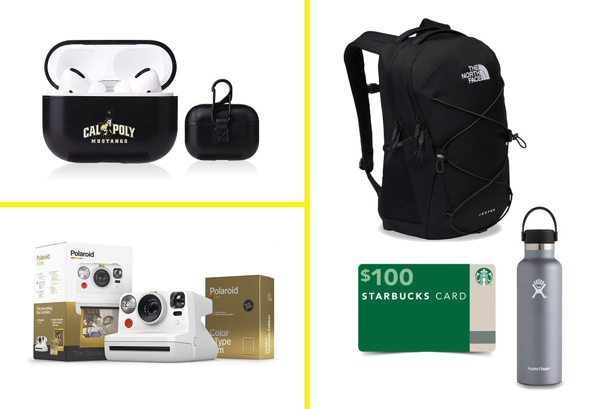 Photo of AirPods, The North Face Backpack and Starbucks card, and Polaroid camera