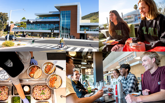 Four photos of Vista Grande, students eating and someone serving food.
