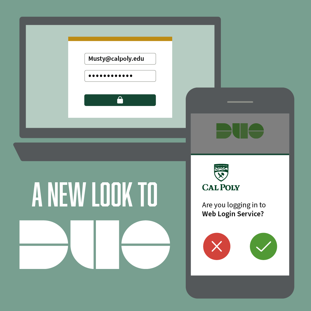 Graphic that says "A New Look to Duo" and features a mock-up of a laptop screen with a login pop-up as well as a smartphone with the Duo app. 