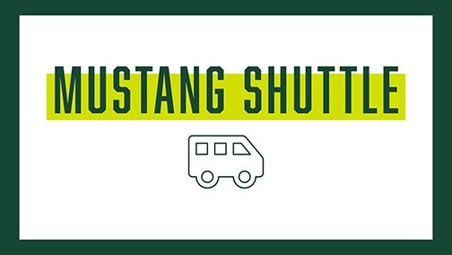 Illustration of a shuttle with text reading Mustang Shuttle 