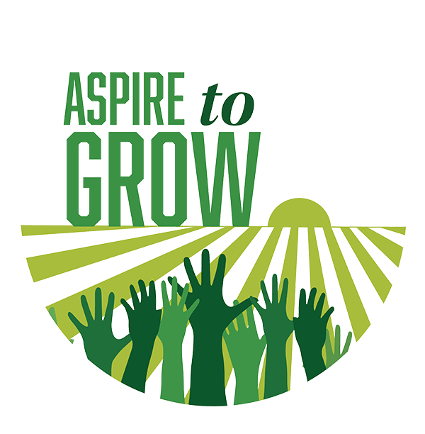 Logo that says aspire to grow and includes a group of hands reaching toward a sun