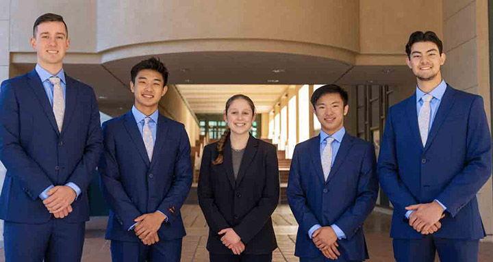 A team of five Orfalea College of Business students advanced to the next stage of the 2021-22 Chartered Financial Analyst Institute Research Challenge. Finance students, from left, Dominic Juliano, Samuel Paik, Alexandra Joelson (team captain), Cameron Wong and Shingo O’Flaherty represented Cal Poly in the annual global competition. Photo by Austin Ma
