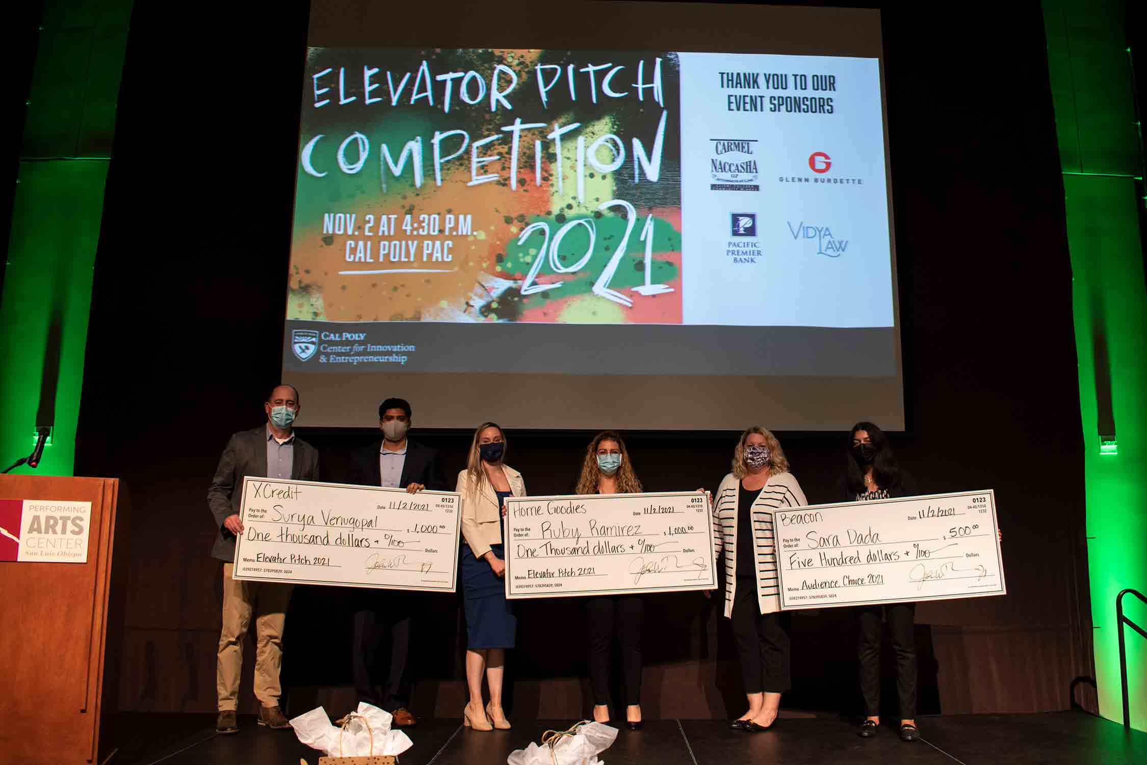 The prize winners at the Cal Poly Center for Innovation and Entrepreneurship (CIE) 12th annual Elevator Pitch Competition include, from left, Surya Venugopal, an industrial engineering senior from Cal Poly for XCredit; and Allan Hancock College’s Ruby Ramirez’s for Home Goodies; and People’s Choice winner Sara Dada, a Cal Poly business administration junior, for Beacon.