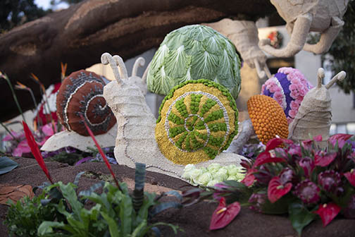 Detail images of the snails on the 2023 Rose Parade® entry “Road to Reclamation.”
