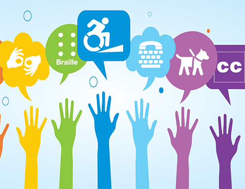 Illustration of multiple hands reaching up to symbols indicating accessibility 