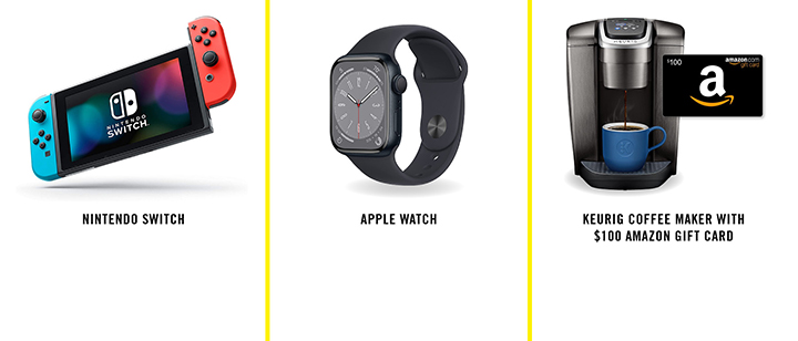A Nintendo Switch, an Apple watch and a coffee maker with Amazon gift card.