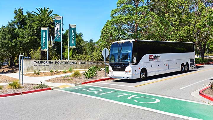 A SLO Safe Ride Charter bus at the California Avenue entrance to Cal Poly's campus.