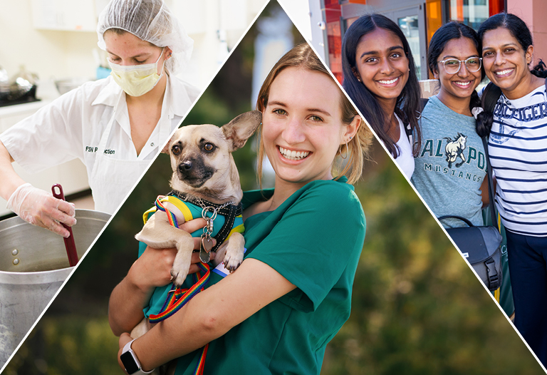 A student stirs a pot while wearing a hair net and mask; another student holds a dog; three other individuals smile during an event at Cal Poly.