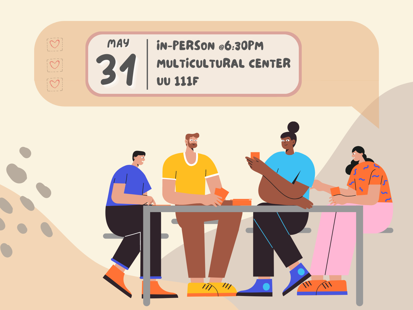 Illustration of a group of people sitting around a table with text reading May 31, in-person Multicultural Center, UU 111F