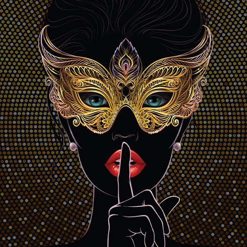 A graphic of a woman in a masquerade mask holding up her hand in a “shh” motion