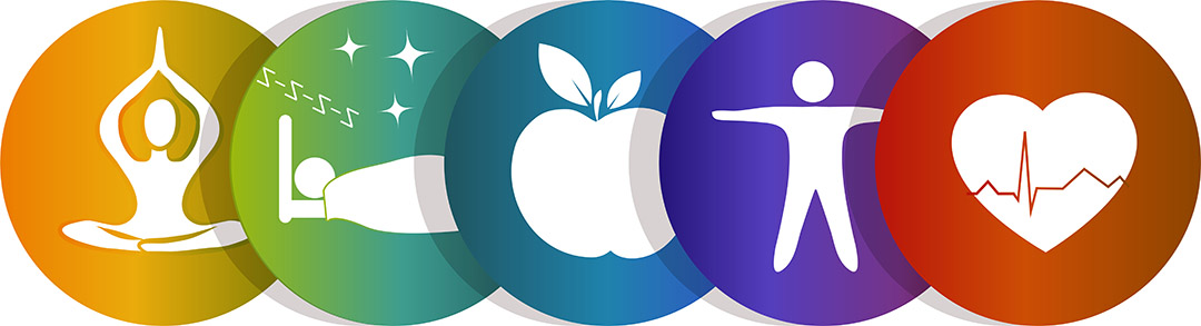 Illustration of five circles with a person standing, sleeping, meditating, an apple and a heart. 