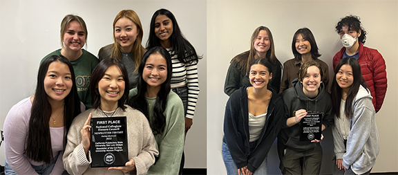 The fall 2021 newsletter team, pictured at left, includes in the top row, Claire Newman, Taylor Tran and Shreya Hambir; in the bottom row, Corrine Nepaial, Kayla Itagaki and Ashley Pagsibigan. Not pictured is Ashley Miller. The spring 2022 newsletter team includes, in the top row, Katrina Loye, Kayla Itagaki and Jacob Kwong; in the bottom row, Ana Cisneros, Sarah Sykora and Marisa Leung. Not pictured is Cayley O'Brien.