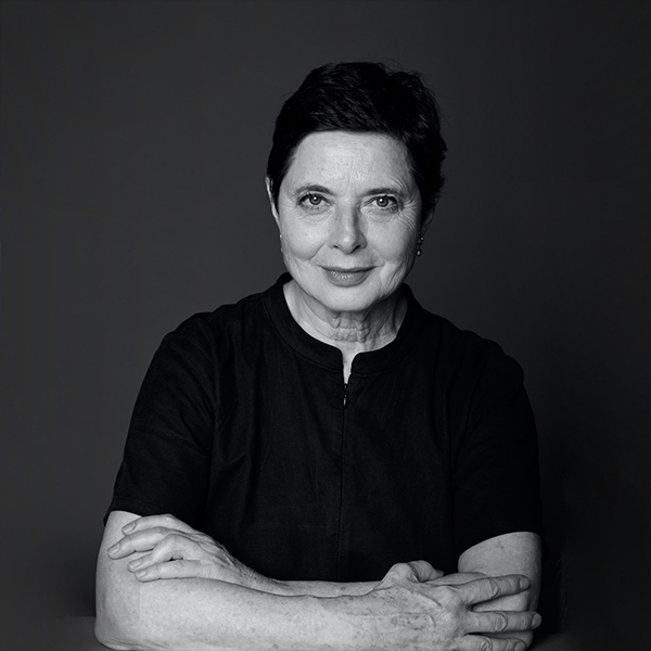 A black and white portrait of Isabella Rossellini