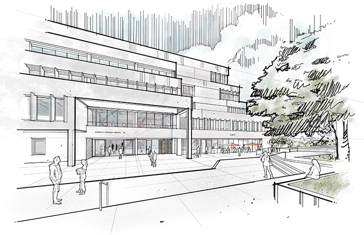 A rendering of the entrance to Kennedy Library.