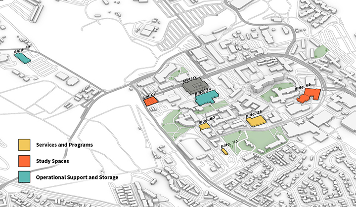 Map of campus core showing Kennedy Library and identifying several buildings where study spaces and programs will be located.
