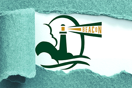Illustration of a piece of blue paper ripped in the middle to reveal a lighthouse reading BEACoN