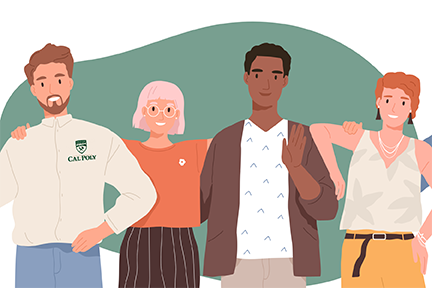 Illustration of four people, one wearing a Cal Poly shirt, smiling with the arms around each other or waving