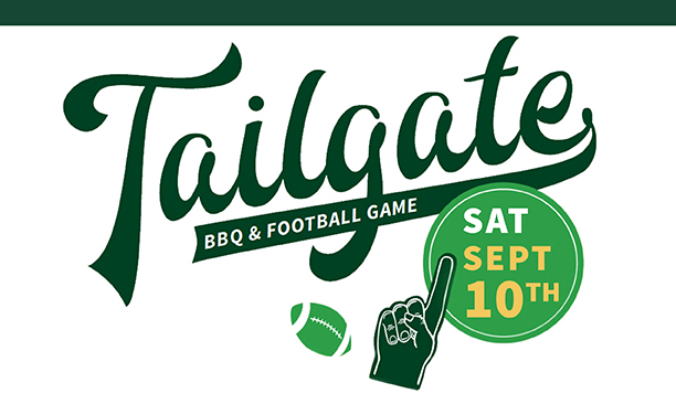 Illustration of a football and foam finger with text reading Tailgate, BBQ and Football Game, Saturday, Sept. 10