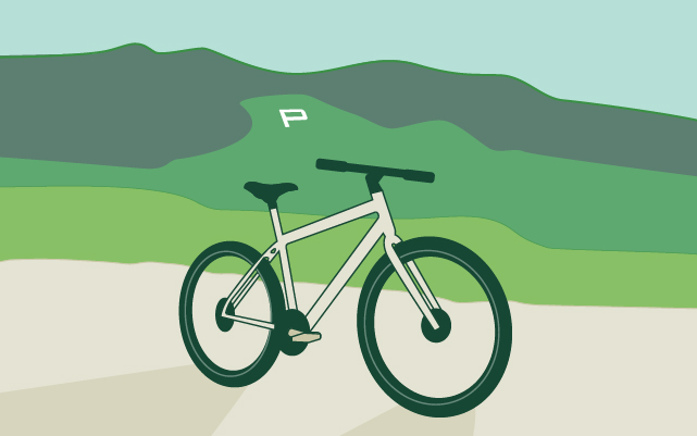 Illustration of a bicycle with the Cal Poly "P" in the background.