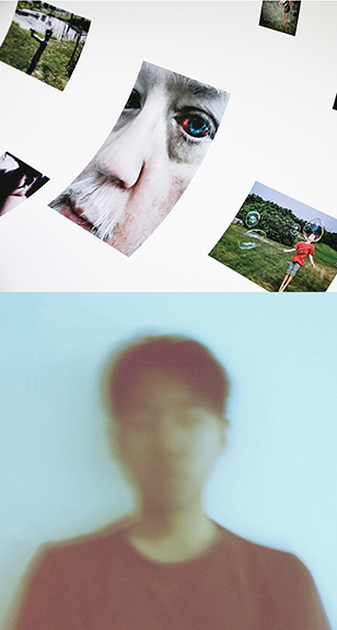 Photos of Chen Tianqiutao's work including a self-portrait