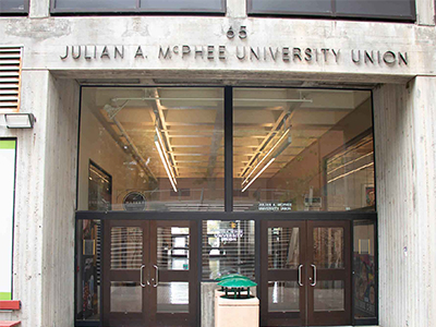 A view of an entrance to the McPhee University Union