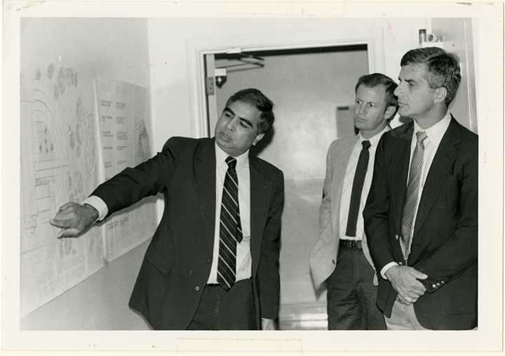 Zac Iqbal, pictured at left, professor emeritus in the Orfalea College of Business, was instrumental in the construction of the current business building
