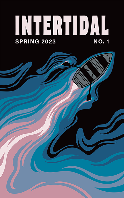 The front cover of "Intertidal" showing an illustration of a boat moving through the water.