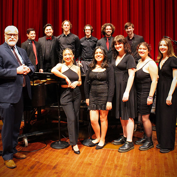 Members of MOSAIC, Cal Poly's vocal jazz ensemble, pose for a photo