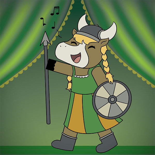 Illustration of the Cal Poly mustang in costume à la Brunhilde.