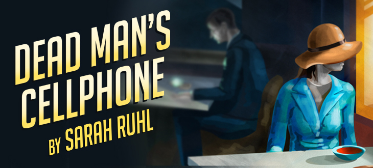 Play poster featuring name Dead Mans Cellphone with woman in yellow hat looking out a bar window