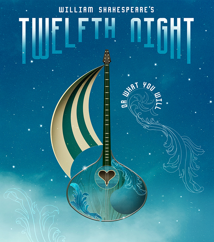 Illustration of a guitar with text William Shakespeare's "Twelfth Night, or What You Will"