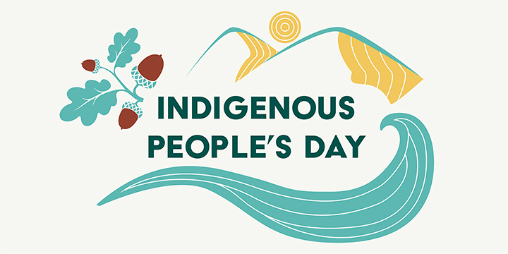 Illustration of acorns, mountains and a wave with text reading Indigenous People's Day