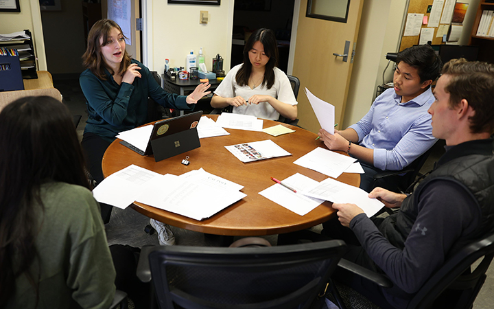 Student leaders in the Low Income Taxpayer Clinic meet to discuss business matters at the clinic. Pictured are, left to right, Victoria Jackson, Kaeley Stelling, Kaleigh Chi, Nathan Nguyen, and Hunter Smith