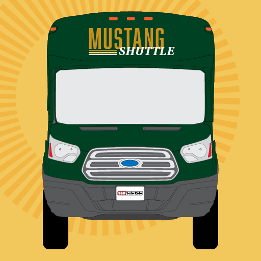 Illustration of a shuttle with text reading Mustang Shuttle 
