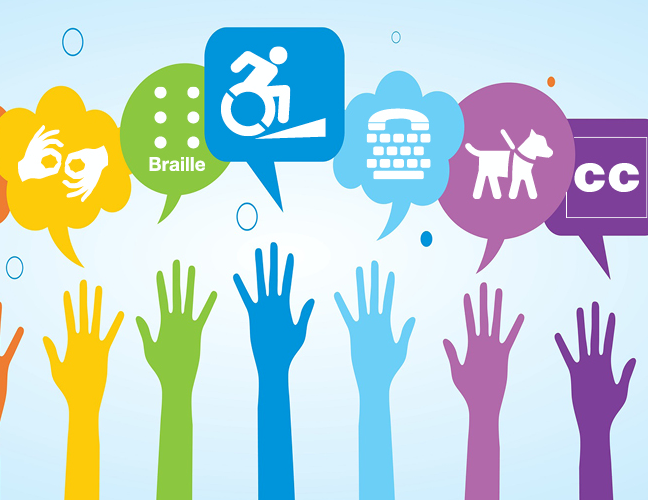 Image of hands raised with disability symbols
