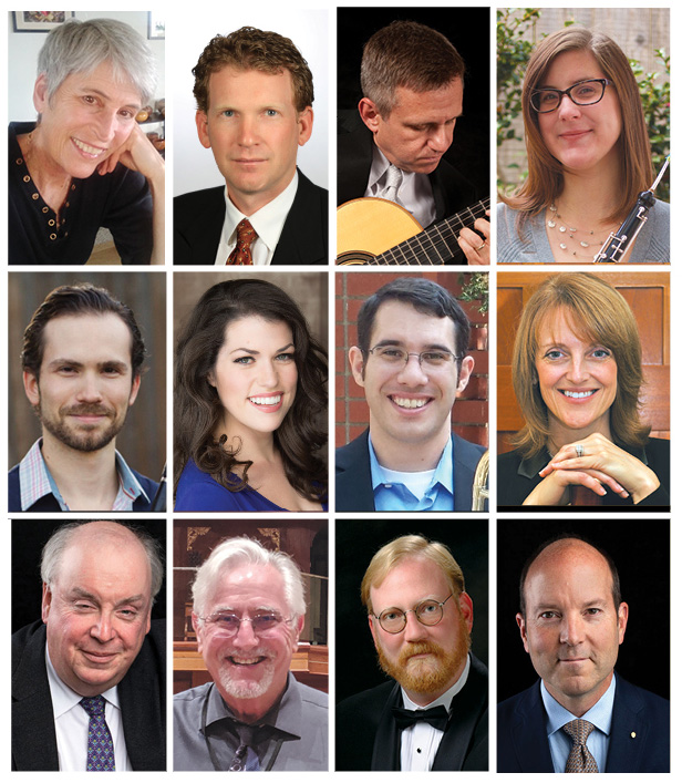   Faculty members from top left are: Katherine Arthur, John Astaire, James Bachman and Heidi Butterfield; second row, Richard Dobeck, Amy Goymerac, Mark Miller and Lisa Nauful; third row, W. Terrence Spiller, Keith Waibel, Paul Woodring and Christopher J. Woodruff.