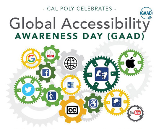 Cal Poly celebrates Global Accessibility Awareness Day with illustration of cogs that have social media and disability symbols in them.