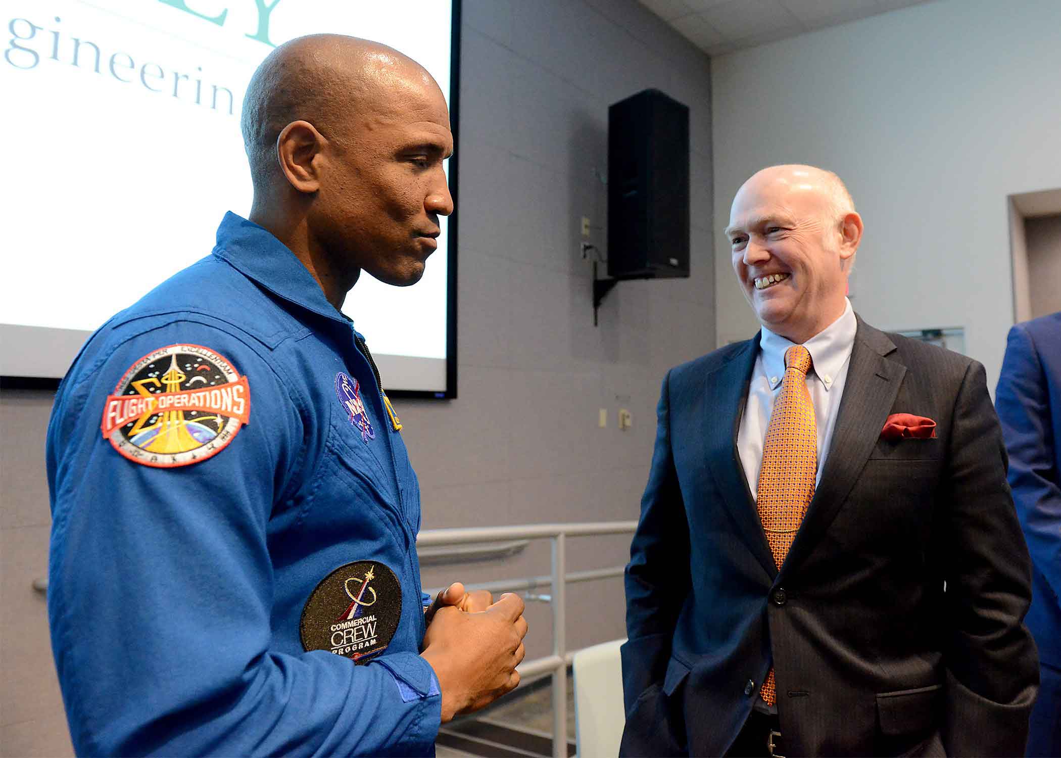 NASA astronaut Victor Glover and United Launch Alliance CEO Tory Bruno chat during a recent trip to Cal Poly, which named them 2018 Honored Alumni.