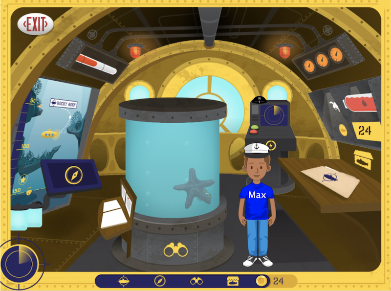 A screenshot from the GoManage app shows a child named Max wearing a captain's hat and standing in a submarine. Outside the submarine windows are aquatic life.
