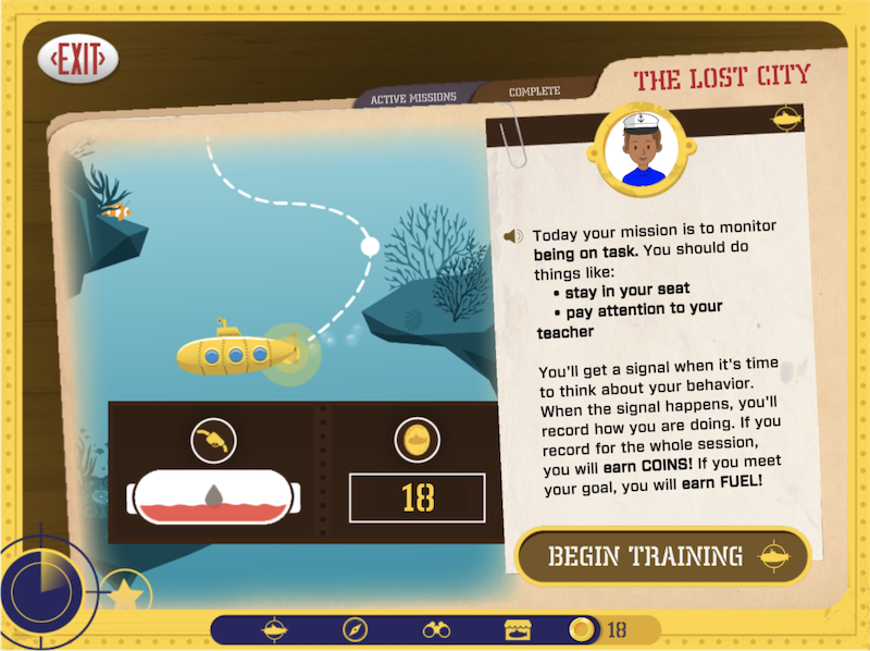A manila folder labeled The Lost City displays prompts that help students stay on task in a screenshot from the GoManage app. At the bottom of the folder in military-style script a button reads Begin Training.