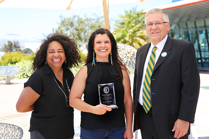 Jenell Navarro, chair, Ethnic Studies Department, pictured with Denise Isom, interim vice president for diversity and inclusion, and Cal Poly President Jeffrey Armstrong